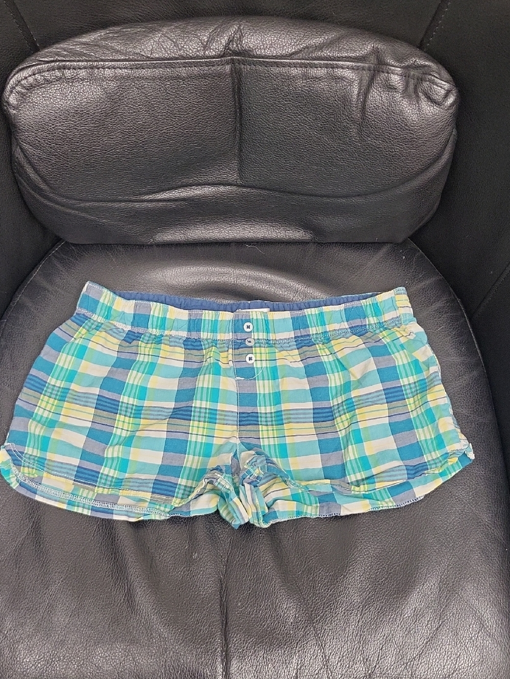 High-Waist Plaid Cotton Lounge Shorts in Blue and Teal